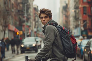 City Bike Ride - Urban Adventure: Generate an image of a young man biking through the city streets, dressed in casual urban attire with a backpack, exploring the urban landscape.