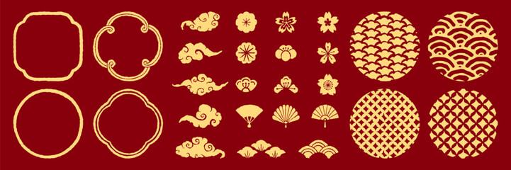 Set of asian design element assets. Chinese hand drawn frame, cloud, flowers and ornaments. Vector isolated illustration.