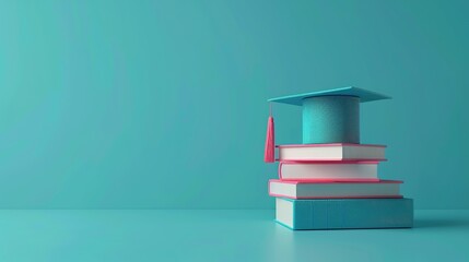 Pile of books with graduate hat isolated on light blue background. Educational concept. Space for add text.