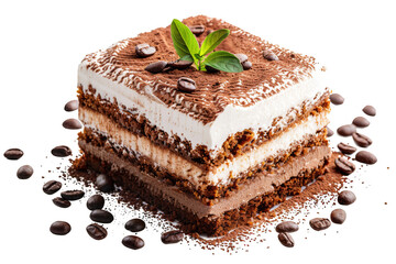 Italian Tiramisu Cake with Espresso and Mascarpone, Isolated on a Transparent Background 