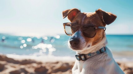 dog in glasses on the beach