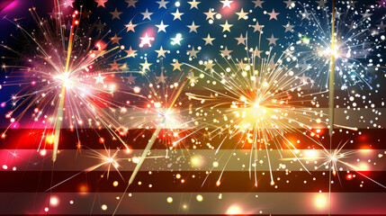colorful fireworks celebration with stars and stripes background