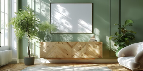 A wooden sideboard with blank frame photo mockup and plant on green wall background, modern interior living room