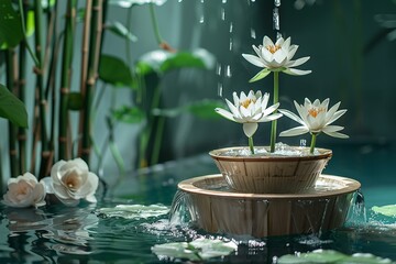 A spa theme with bamboo and water lily on a tub with a great interior and a big space for text or product advertisement background, Generative AI.