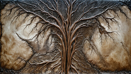 Intricate tree roots carved in stone