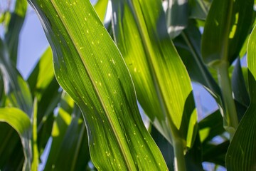 the beauty of the texture of corn leaves illuminated by the sun in the afternoon. fields in the hills planted with corn with the afternoon wind blowing.