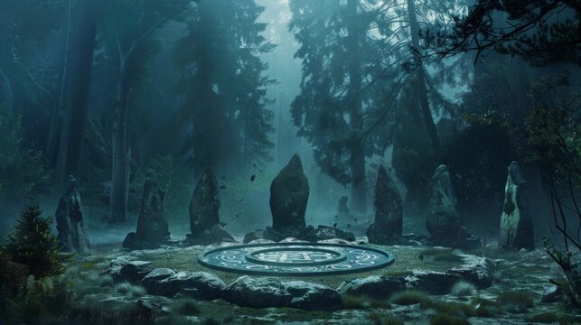 In the depths of a mysterious forest a circle of druids gather around a stone altar covered in geometric symbols and runes. As they . .