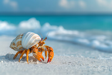 Close-up of a beautiful hermit crab exploring the tranquil beach with turquoise waters and white sand. Serene coastal landscape with sunlight.