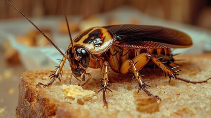 A cockroach is perched on a piece of bread. The cockroach is brown and has long antennae. The bread is a light brown color and has a rough texture. The background is out of focus and is a dark color
