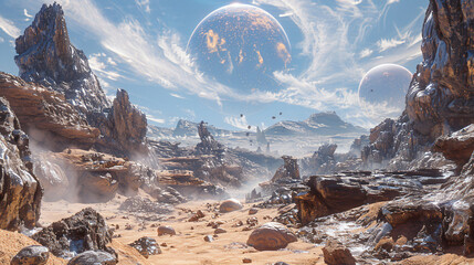 the condition of a planet with barren rocks and sand with a sky decorated with clouds and other planets
