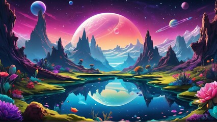 Fototapeta premium Winter scene ornaments against a dark, starry sky evokes a sense of a peaceful night on another planet