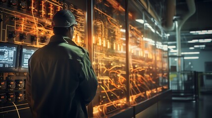 Fototapeta premium An engineer in a highvisibility jacket inspecting the control systems in a modern hydroelectric power plant emphasizing infrastructure and energy production