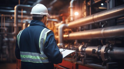 Worker in protective gear checking machinery temperature in a heavy industrial plant safety and maintenance focus
