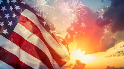 American flag and fireworks during sunset celebration