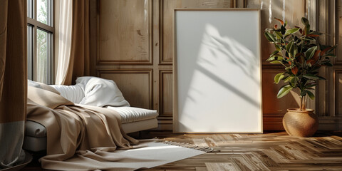 empty white blank frame mockup poster on white wall background with plant with window shadow.