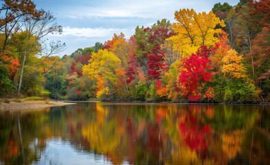 Tranquil river scene with vibrant reds, yellows, greens, and browns, depicting nature's beauty in...