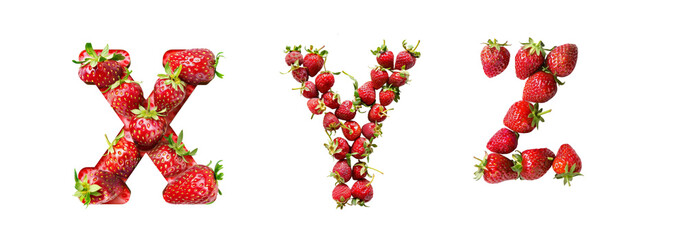 strawberries decorated with alphabet letters X,Y,Z with  on transparent background cutouts, PNG file. 