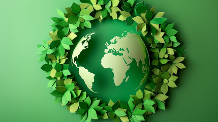 Paper art of the world surrounded by a circle of green leaves, depicting the concept of global sustainability and environmental care, suitable for Earth Day and green initiatives.