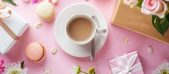 A lovely breakfast spread featuring a cup of coffee, macaron cake, gift box, and flowers arranged on a pink table from a top-down perspective in a flat lay style.