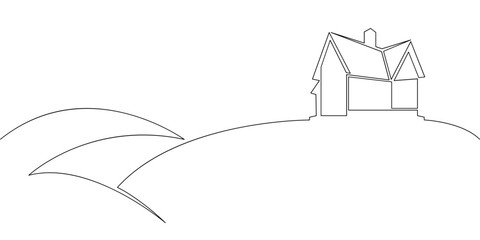 One continuous line.Modern minimalist home. Residential country house. Architectural concept of a building in a landscape.Continuous line drawing.Line Art isolated white background.