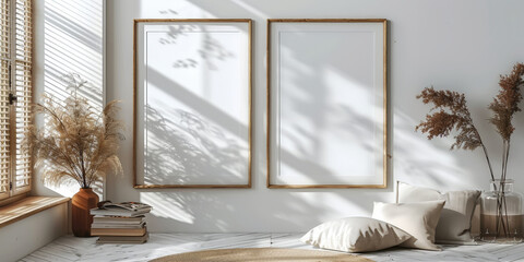 empty white blank frame mockup poster on white wall background with plant with window shadow.