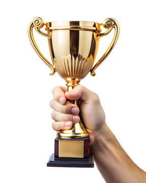 hand holding a golden trophy cup, victory or success concept.  on a transparent background with a clipping path