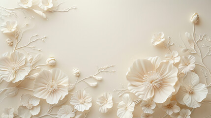 An elegant paper art composition featuring intricate cut-out flowers and botanical elements in shades of white, creating a delicate, three-dimensional floral design on a light background.