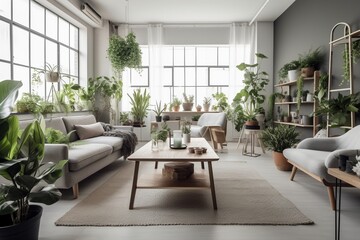 a living room with a couch, potted plants, and a coffee table.