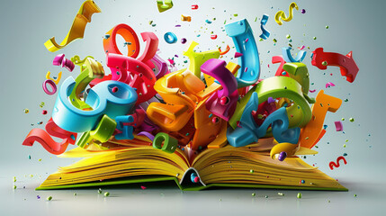 An open book with colorful 3D letters and numbers bursting out from the pages, symbolizing creativity, learning, and the magic of reading.
