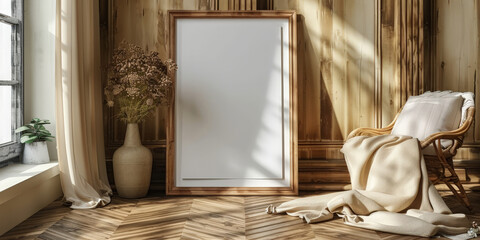 empty white blank frame mockup poster on white wall background with plant with window shadow.