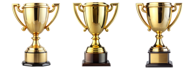 set of golden trophy cups for first prize winning, isolated on a transparent background. PNG, cutout, or clipping path	
