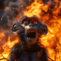 A 3D animated cartoon render of a baboon warning campers of an approaching forest fire.