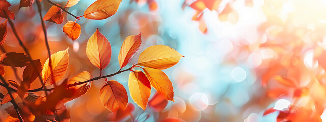 Autumn background with copy space, featuring yellow maple leaves against a blue sky backdrop.
