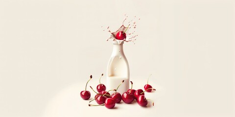 Cherries with bottles and splashing milk Isolated on white background.