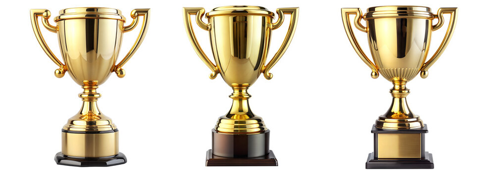 set of golden trophy cups for first prize winning, isolated on a transparent background. PNG, cutout, or clipping path	

