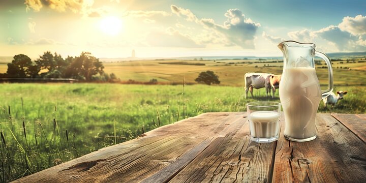 Milk in glass and jug on wooden table with livestock, dairy farm, beautiful pasture landscape. bright blue-sky background