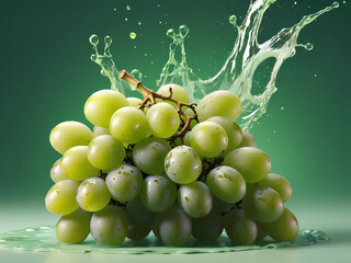 Grapes bunch floating in water splashes, on green studio background