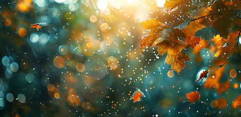 olden sunlight illuminating colorful autumn leaves with sparkling raindrops, creating a serene autumn background