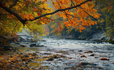 Tranquil river scene with vibrant reds, yellows, greens, and browns, depicting nature's beauty in...