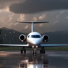 private jet at the airport with rain refecting it on the floor at dawn