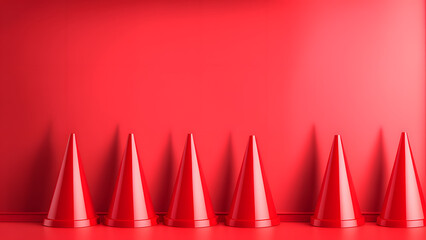 A row of red traffic cones are lined up against a red wall