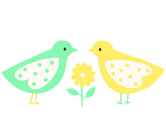 向かい合うハートの羽の2羽の鳥と花