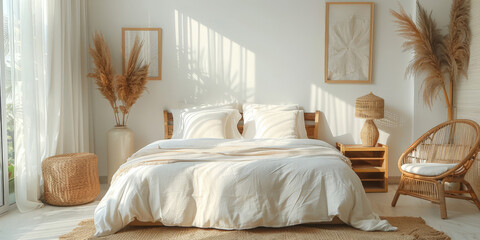 A white bedroom interior with white wall background with a bed, wooden furniture and soft pillows