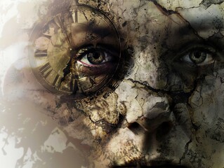 A somber human face merged with a decaying clock, textures blending to illustrate the grim passage of time