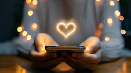 Warmly illuminated hands holding a smartphone displaying a heart, symbolizing love and connection through technology, ideal for concepts of virtual affection and digital relationships.