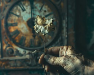 Close-up of a human hand holding a wilting flower with a faded, old clock in the background, representing life fragility and time passage