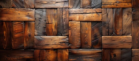 Detailed close-up shot showcasing a wooden wall adorned with a complex and detailed pattern of wood grains and textures