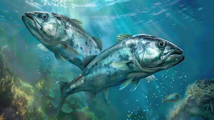 a poster showing two fish swimming underwater, in the style of photorealistic detail - obrazy, fototapety, plakaty