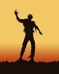 Minimalist 2D vector art featuring a zombie silhouette with a dynamic pose, ideal for Halloween themed graphics, on a plain background