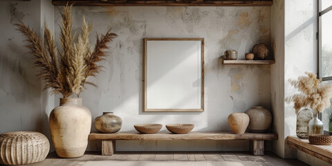 minimalist living room with beige wooden cabinets sideboard, empty white blank picture frame and plants on beige wall background ,copy space. boho style